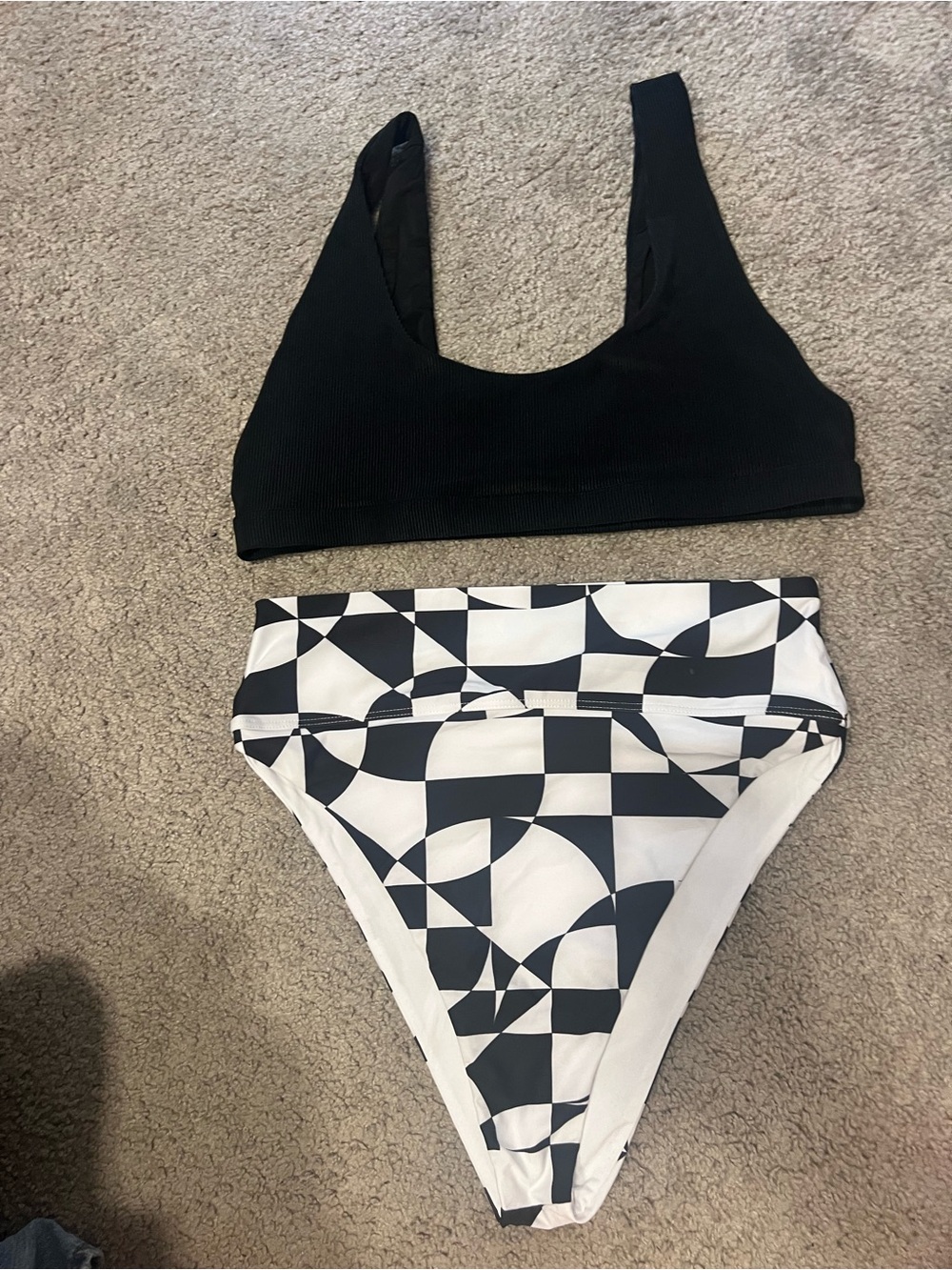 Beach Riot bikini set XL Black Ribbed Top with Geometric High-Waist Bottom
